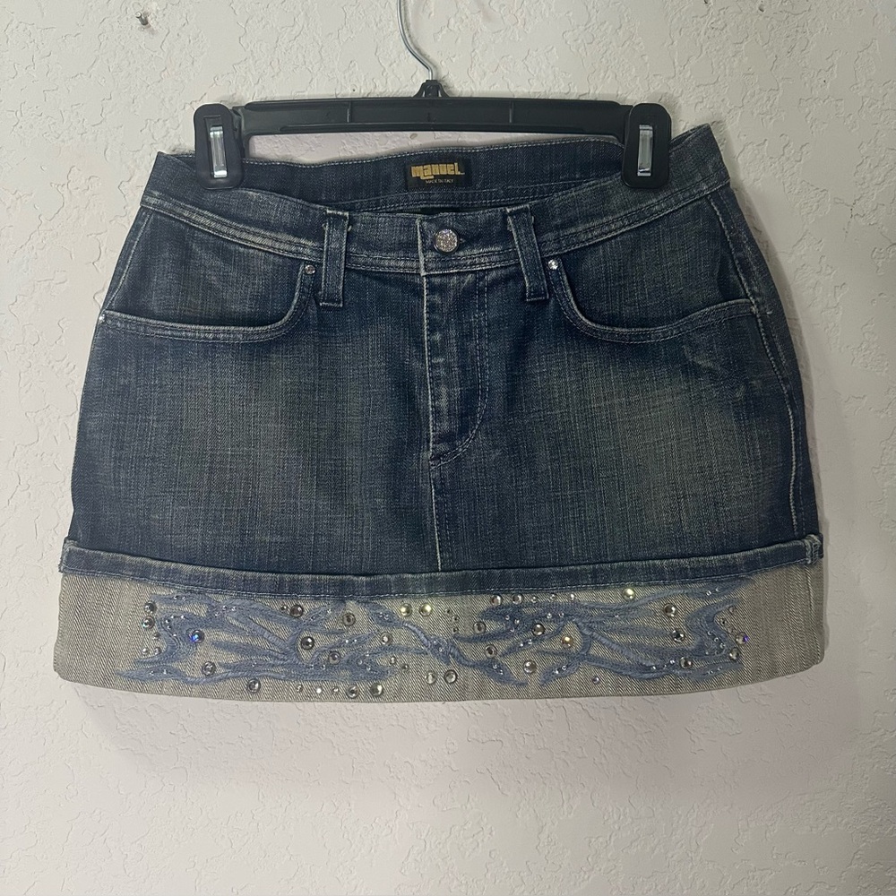 Designer from Italy Blue Denim Mini Skirt with Silver Embellishments